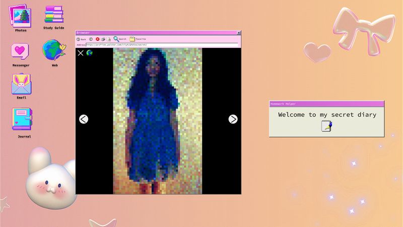Official screenshot: a photo-viewer window with the message 'Welcome to my secret diary' on a pastel desktop